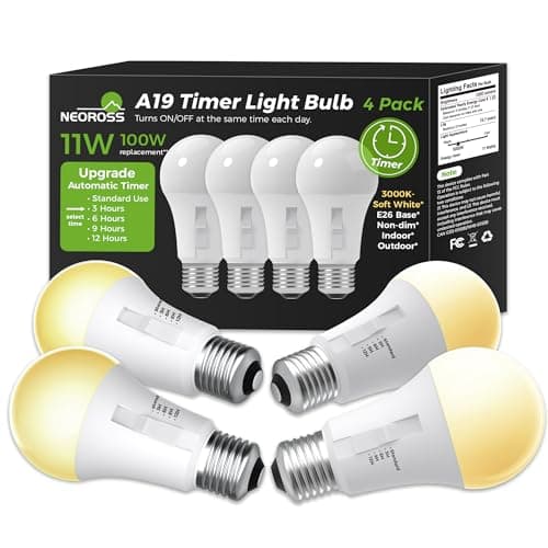 NEOROSS Upgraded Timer Light Bulb, 100W Equivalent A19 LED with 12/9/6/3H Auto Off or Always-On Mode, 11W 3000K Soft White, 1200LM, E26 Base, No App/WiFi Needed, Indoor Outdoor Security Light, 4 Pack