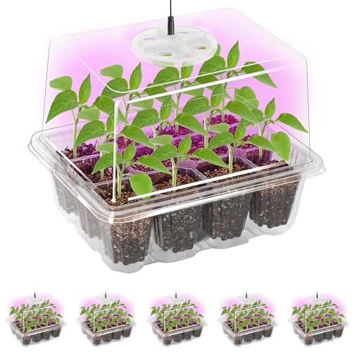 Bonviee 5 Packs Seed Starter Tray with Grow Light, Elevated Seedling Starter Trays Kits with Adjustable Humidity Domes and Clear Cell Tray, 12 Full Spectrum led lamp Beads for Plants Indoor-Clear