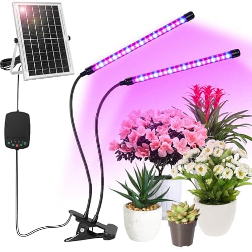 Ufelizor Solar Plant Grow Light with Battery Run Day/Night, 2 Heads 40 LED Clip On Full Spectrum Plant Light with 16.4FT Cable/USB Charging/Timer/Dimmable for Outdoor Indoor All Stage Plants