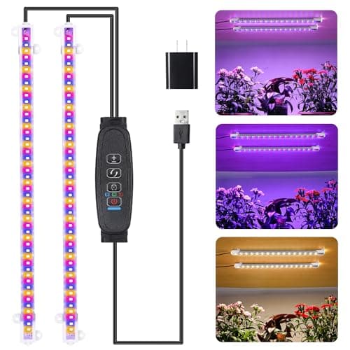 RWNTAO Two Strip Growing Lamp for Indoor Plants, Red & Blue & Yellow Full Spectrum LED Grow Light Strips with Auto ON/Off 3/9/12H Timer,10 Dimmable Levels for Green House Succulent (2 Head 13 in)