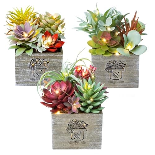 Mingfuxin Succulents Plants Artificial with Light, Small Fake Plants in Pots for Home Decor, Potted Decorative Succulents Plants for Table Desk Bathroom Office Room Decor