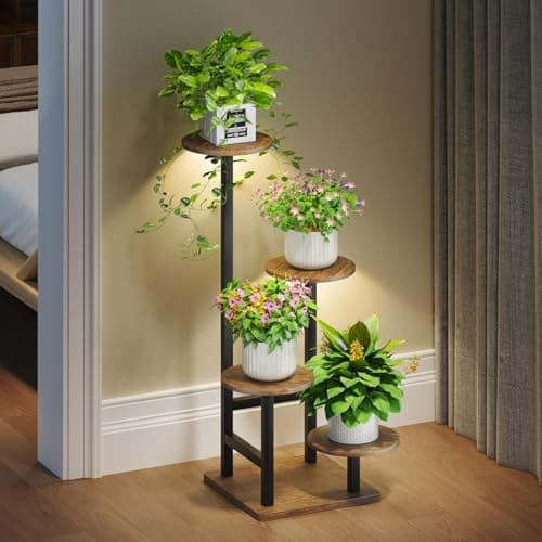 Homsorout Plant Stand Indoor with Grow Light,4-Tiered Tall Plant Stand Indoor, Metal Plant Shelf with Adjustable Light, Ideal for Living Room, Garden, Patio (Black Brown)