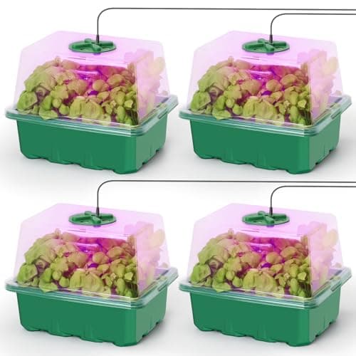 MIXC Seed Starter Kit with Grow Light, Elevated Seedling Tray Kit with Adjustable Humidity Dome and Clear Cell Tray, 12 Full Spectrum Led Beads for Seed Starting Greenhouse, 4 Pack, Green