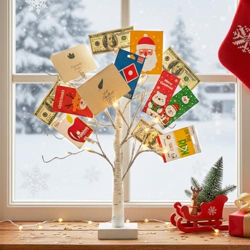 PABIPABI Money Tree Gift Holder, 24 LED Lighted Birch Tree with 12 Clear Clips, Battery/USB Powered Timer Display Tree for Christmas, Memo, Present Card, Photo, Wedding, Birthday Graduation