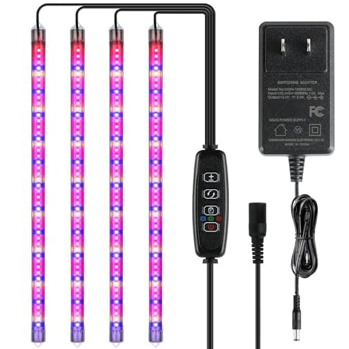 iPower 60W LED Plant Grow Light Strips Full Spectrum for Indoor Plants with Auto ON/Off 3/9/12H Timer, 10 Dimmable Levels 48 LEDs Per Tude, for Hydroponics Succulent, 4 Tubes, Mix