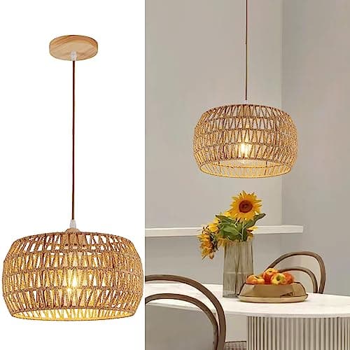 OCWHT Rattan Pendant Light Fixture Ceiling Bohemian Chandelier Flush Mount Hanging Light 12.99-inch Small Woven Lamp Shade Wooden Base Basket for Kitchen Island Hallway Bedroom Dinning Table