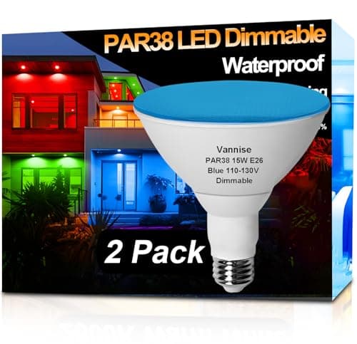 Vannise PAR38 Outdoor Flood Light Bulbs Blue, 2 Pack 700LM PAR38 Blue Bulbs Dimmable 15W, Equivalent 100W, No Flicker PAR 38 LED 120V, E26 Base for Home Holiday Lighting Party Decoration.