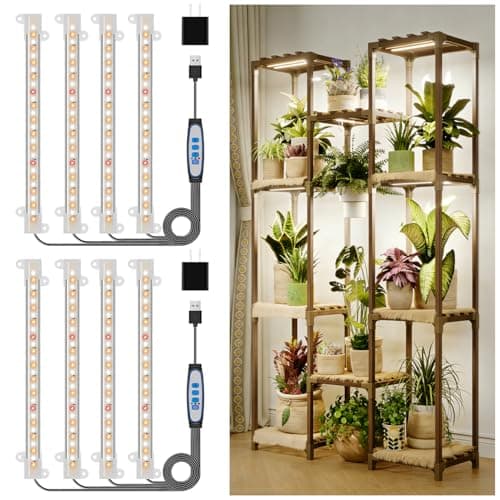Kullsinss 8 inches LED Grow Light Strips, Full Spectrum Grow Lights for Indoor Plants with 6/12/16H Timer, 5 Dimmable Levels, Plant Light for Seedling Succulent, Ideal for Plant Shelf (4 Strips*2pcs)