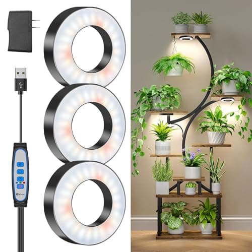 Wiaxulay Grow Lights for Indoor Plants, 144 LEDs Full Spectrum LED Plant Grow Light, 5V/3A Under Cabinet Grow Lamp with Auto Timer 6/12/16 Hrs, 3 Lighting Mode, 5 Brightness Levels, Tri Head (3.5in)