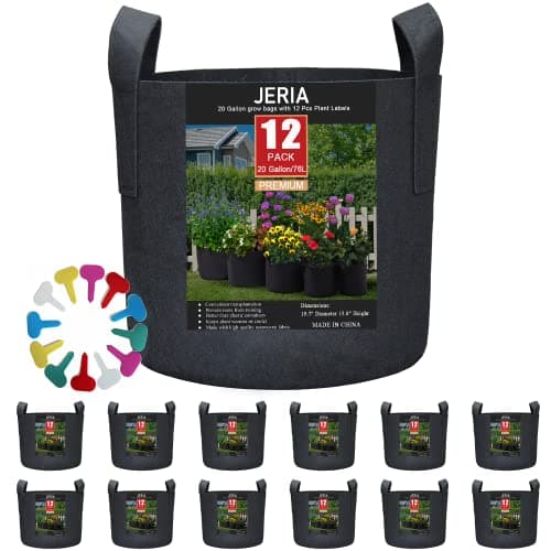 JERIA 12-Pack 20 Gallon, Vegetable/Flower/Plant Grow Bags, Aeration Fabric Pots with Handles (Black), Come with 12 Pcs Plant Labels