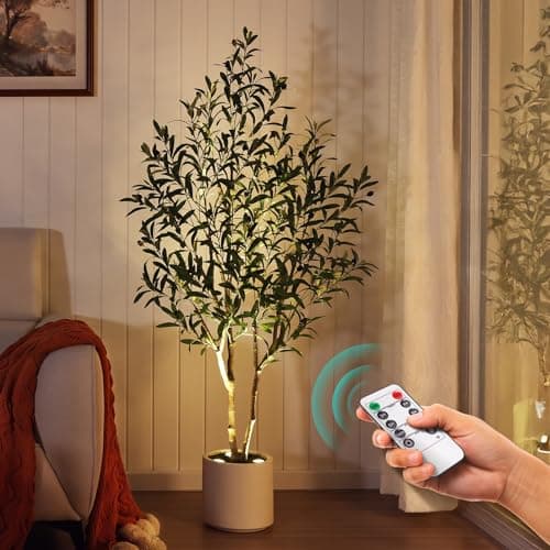 Verinatural Artificial Olive Tree Faux Plants Indoor - 5FT Tall Fake Tree with Remote LED Spotlights, Cylinder Round White Planter - for Modern Home Office Living Room Floor Display, VN214
