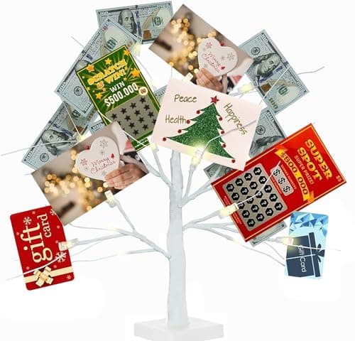 Money Tree Gift Holder, 2FT 24 LED Birch Tree with 12 Clear Clips, Battery Powered Lighted Display Card Trees for Christmas,Wedding, Photo Memo, Birthday Graduation（White）