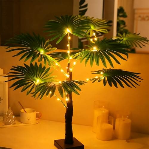 LED Artificial Palm Tree Lights Decorative Table Lamps 3xAA Battery or USB Powered for Summer Party Poolside Indoor Home Fireplace Bedroom Office Decor(23.6Inch/60CM)
