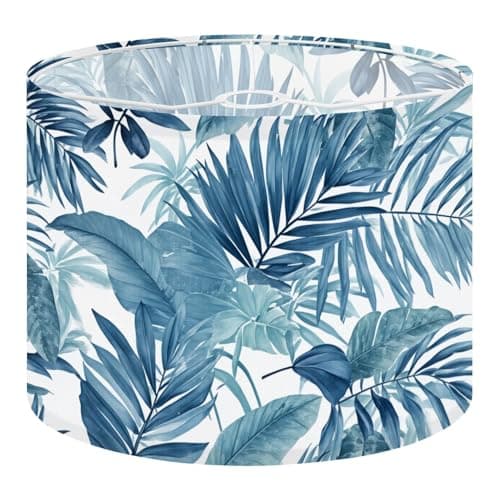 Drum Lamp Shades, 13" x 10" Small Lampshades with Blue Tropical Leaves Palm Beach Monstera Coastal Leaves, Boho Lamp Cover for Table & Floor Lamps, Modern Farmhouse Easy Assembly Decor