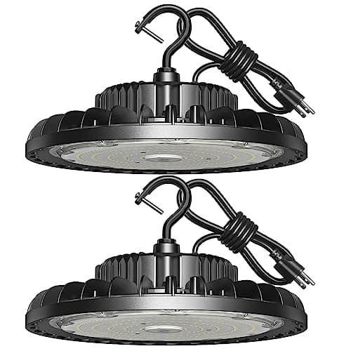 LED High Bay Light 150W 21000LM 5000K, LED Shop Lights for Garage Super Bright with 110-277V US Plug 5’ Cable Waterproof UFO Commercial Warehouse Workshop Factory Area Lighting Fixture, 2 Pack