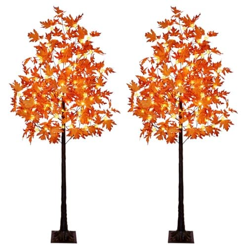 Seasonal Buddy Set of 2 6FT 120LED Artificial Lighted Maple Tree Warm White Fall Decorations Indoor Ourdoor, Orange