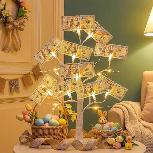 Woohaha 2FT Money Tree with Holder,24LED Lighted Birch Tree Table Centerpiece,Gift Card Tree Battery/USB Powered with 6 Clips and 6 Greeting Cards for Easter Decor,Party,Wedding,Birthday,Graduation