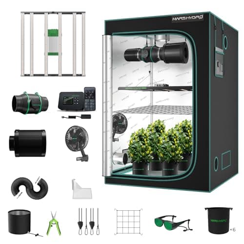 Mars Hydro 4x4 Smart Grow Tent Kit Complete System with WiFi-Integrated Controller 43,480W FC-E4800 Dimmable Light 2646Pcs LED,48"x48"x80" 1680D High Reflective Mylar,6inch Automatic Ventilation Kit