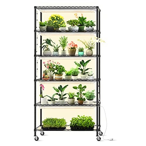 Bstrip DIY Plant Shelf with Grow Light, Grow Light Shelf with Adjustable Rack and Wheels, Plant Stand, 8-Pack 192W T8 Full Spectrum Lamps, ideal for Seed Starting, Seed Tray, 29.5"L x 13.8"W x70.9"H