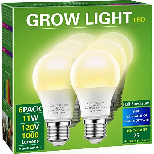 Briignite Grow Light Bulbs, LED Grow Light Bulb A19 Bulb, Full Spectrum Grow Light Bulb, Plant Light Bulbs E26 Base, 11W Grow Bulb 100W Equivalent, Grow Light for Indoor Plants, Seed Starting, 6 Pack