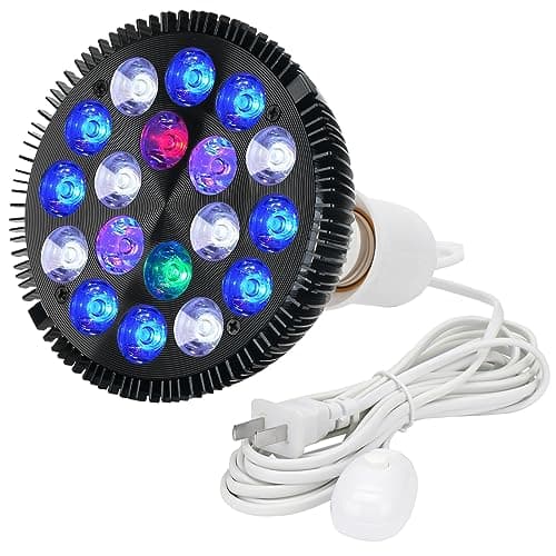 LED Aquarium Lights Bulb 18W Saltwater Fish Tank Light Full Spectrum Aquatic Plants Grow Lamp Refugium Light with UV Blue White Red Green LEDs Reef Lights for Coral Marine Algae Turtle Habitat