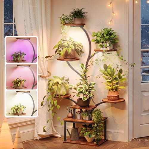 PRAISUN 51 Inch Plant Stand with Grow Lights, 8 Tiered Indoor Plant Shelf with Larger Flower Holder, Curved-tubed Design, 3 Light Modes, Corner Plant Rack for Living Room, Rustic Brown
