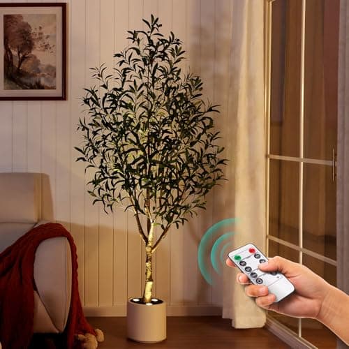 Verinatural Olive Trees Artificial Indoor 6FT - Realistic Fake Plants with Remote LED Spotlights, White Planter - Faux Olive Tree for Home, Room, or Office Floor Bedroom Decor,VN214