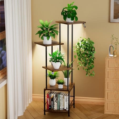 Homsorout Plant Stand Indoor with Grow Light, 5-Tiered Tall Plant Stand Indoor, Metal Plant Shelf with Hanging Basket Hook and Adjustable Light, Ideal for Living Room, Garden, Patio (Black Brown)